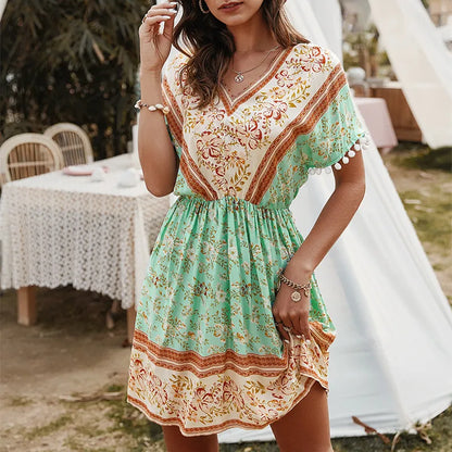 Boho Style Summer Dress Short Sleeve V-Neck