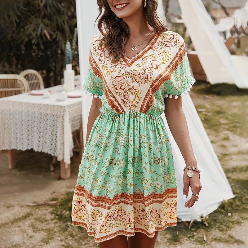 Boho Style Summer Dress Short Sleeve V-Neck