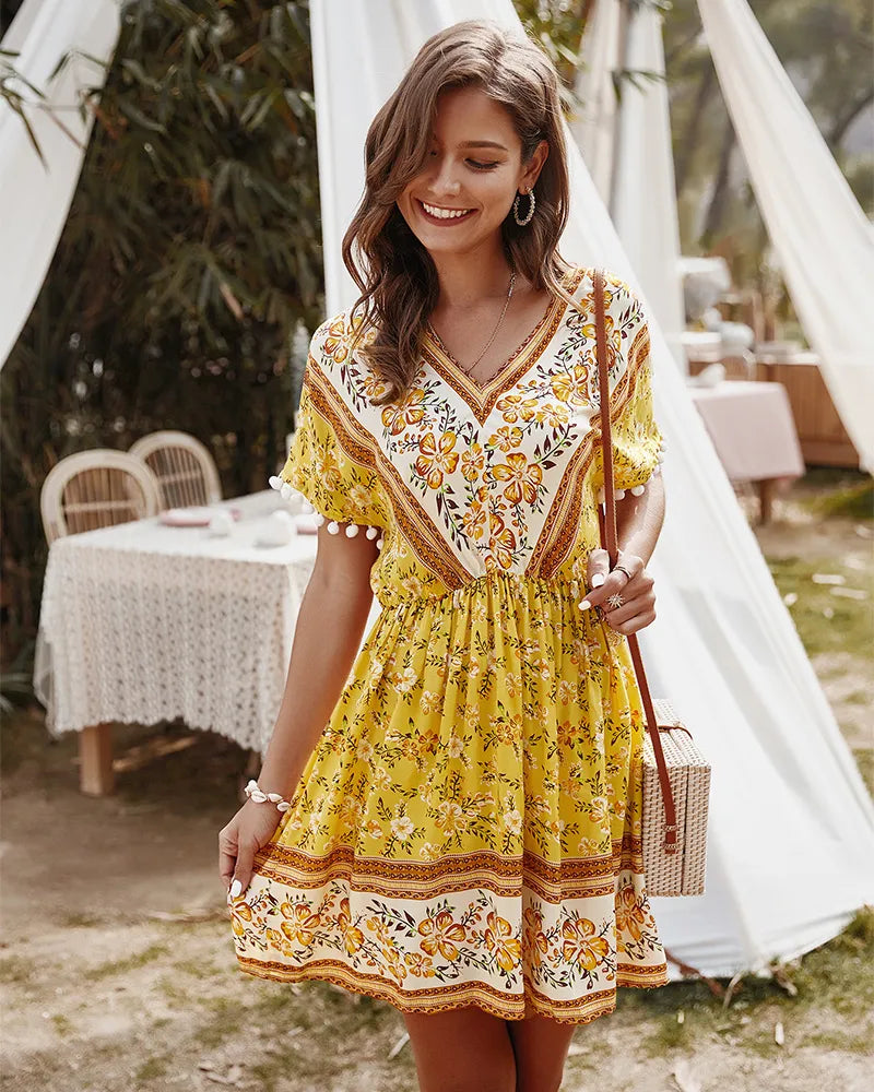 Boho Style Summer Dress Short Sleeve V-Neck