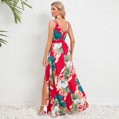 Boho Style Floral Print V-neck Sleeveless Slim Fit Long Dress