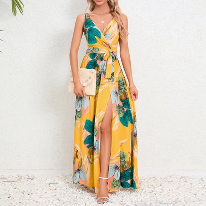 Boho Style Floral Print V-neck Sleeveless Slim Fit Long Dress