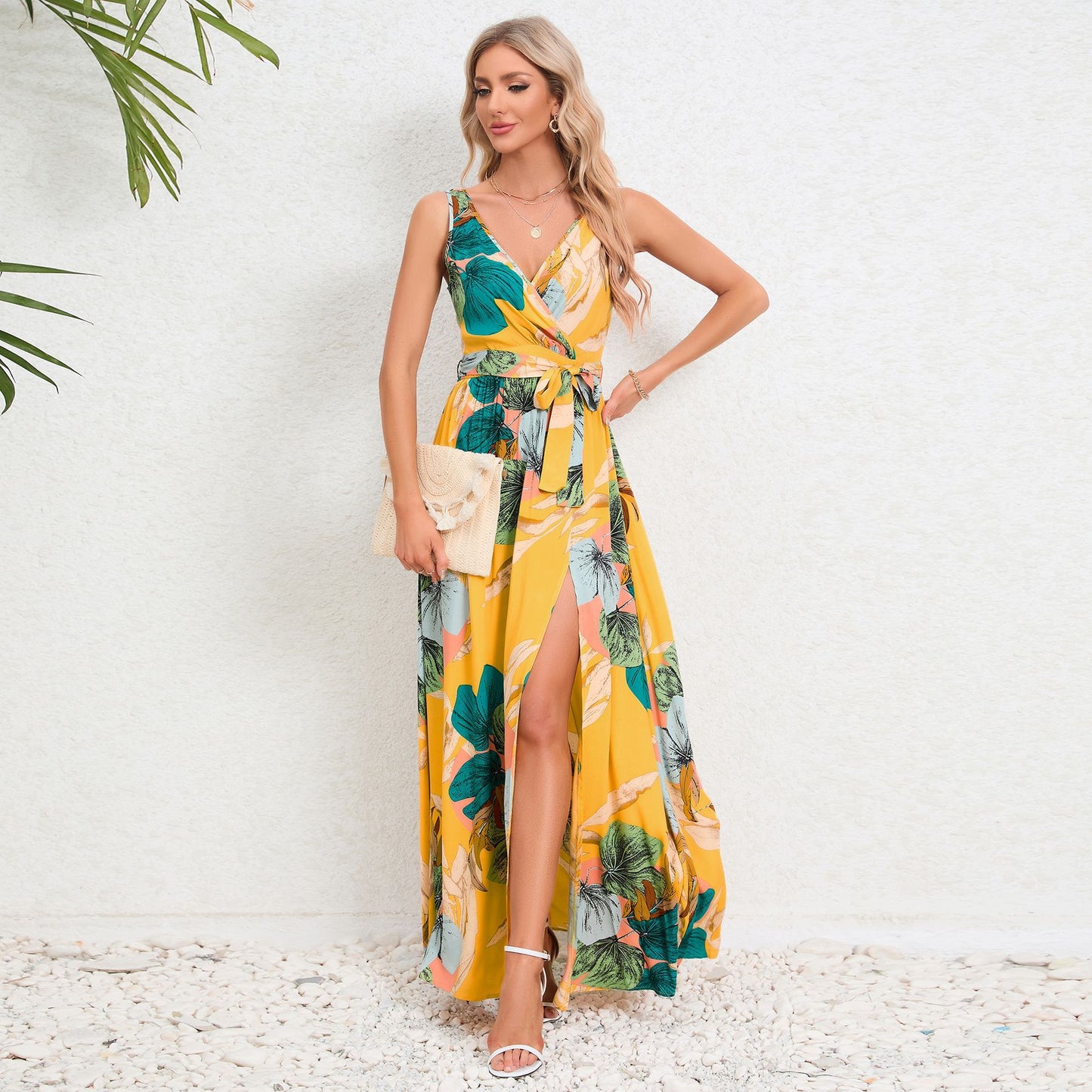 Boho Style Floral Print V-neck Sleeveless Slim Fit Long Dress