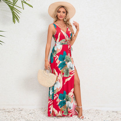 Boho Style Floral Print V-neck Sleeveless Slim Fit Long Dress