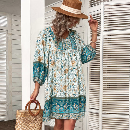 Flowy Boho Style Summer Dress Floral Print 3/4 Sleeve V-neck