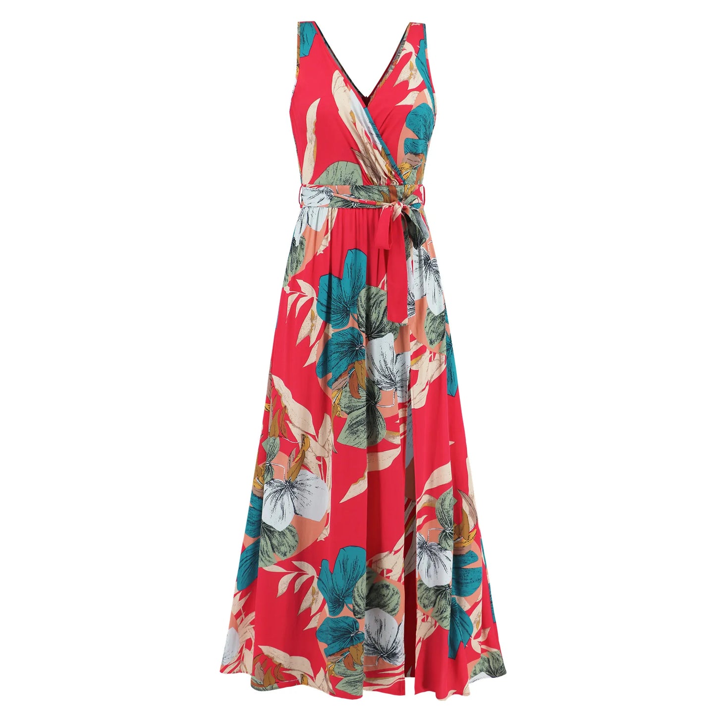 Boho Style Floral Print V-neck Sleeveless Slim Fit Long Dress