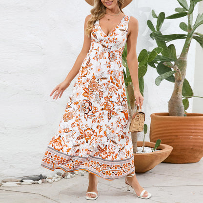 Boho Style Floral Print V-neck Sleeveless Slim Fit Long Dress