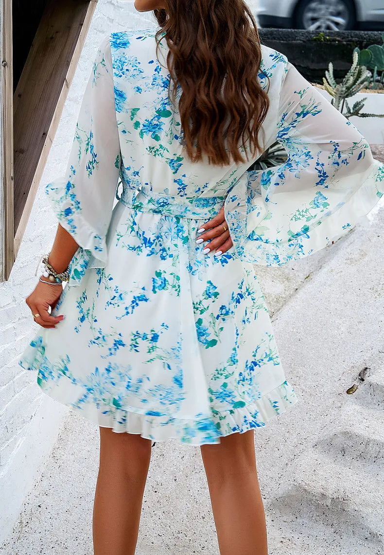 Boho Style Summer Dress Floral Print Half Sleeve V-neck