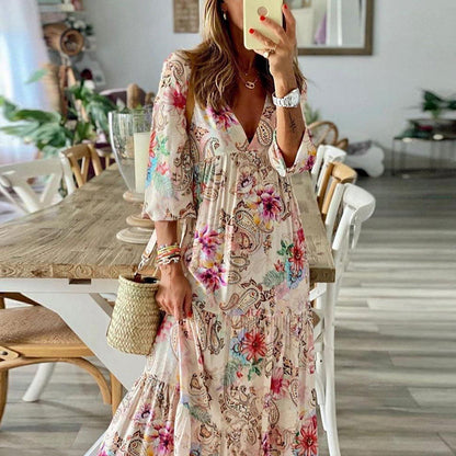 Boho Style Summer Dress Long Sleeve V-neck Paisley Floral Print