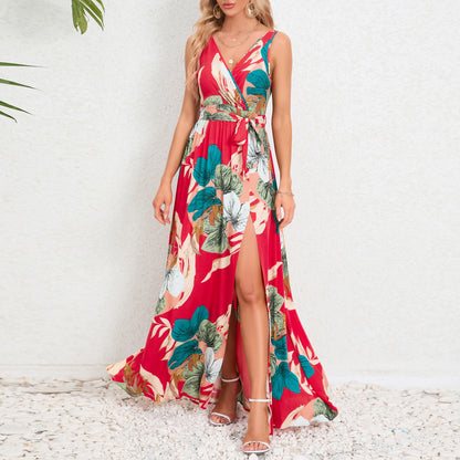 Boho Style Floral Print V-neck Sleeveless Slim Fit Long Dress