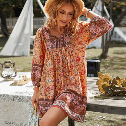 Flowy Boho Style Summer Dress Floral Print 3/4 Sleeve V-neck