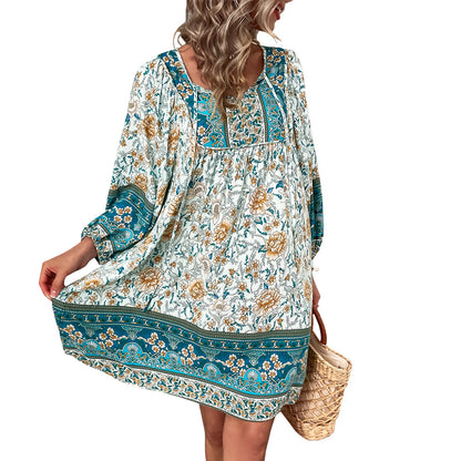 Flowy Boho Style Summer Dress Floral Print 3/4 Sleeve V-neck