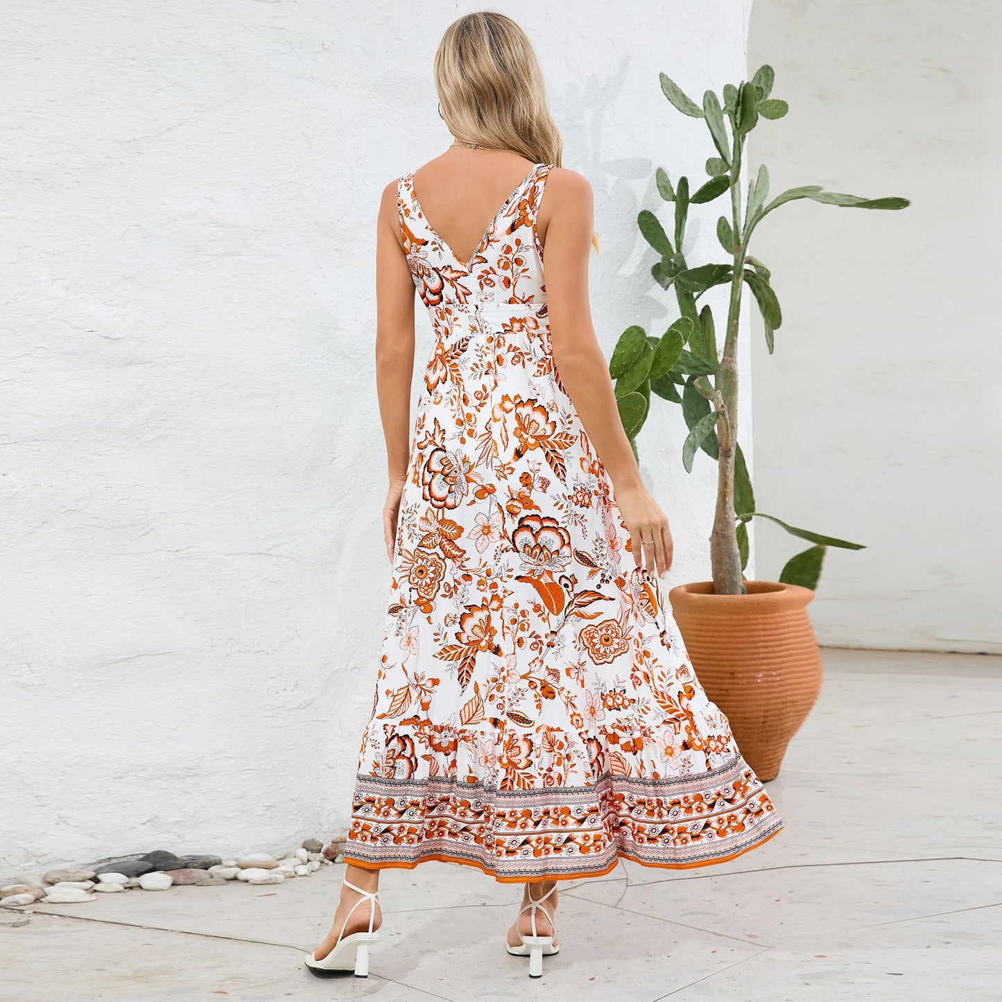 Boho Style Floral Print V-neck Sleeveless Slim Fit Long Dress