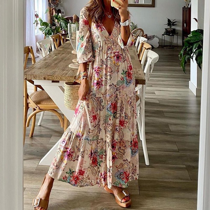 Boho Style Summer Dress Long Sleeve V-neck Paisley Floral Print