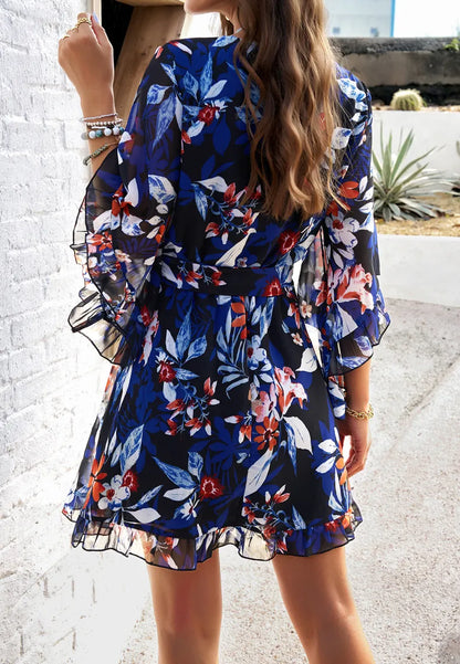 Boho Style Summer Dress Floral Print Half Sleeve V-neck