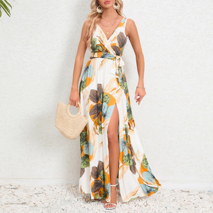 Boho Style Floral Print V-neck Sleeveless Slim Fit Long Dress