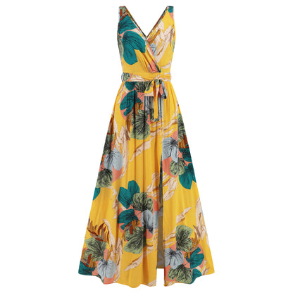 Boho Style Floral Print V-neck Sleeveless Slim Fit Long Dress