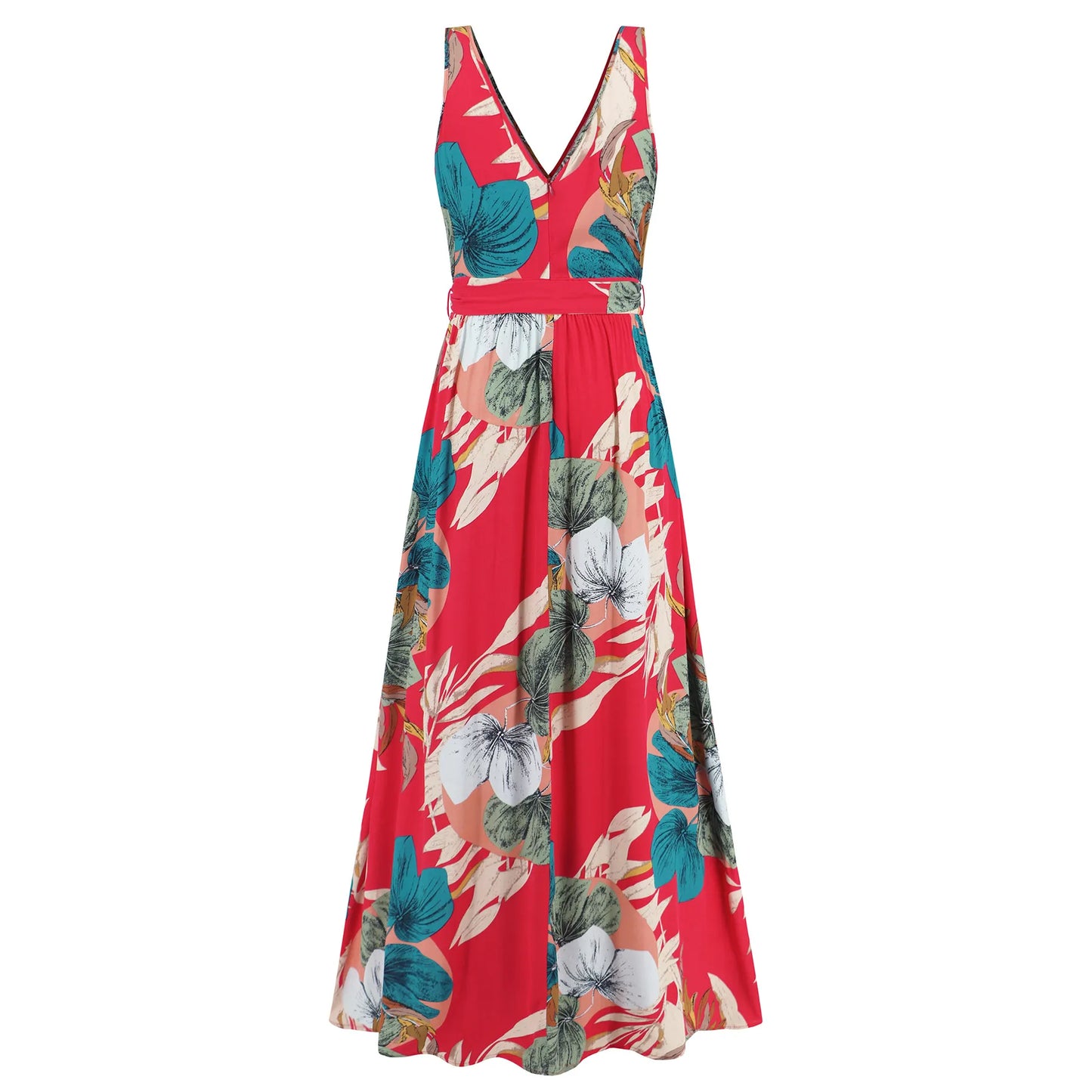 Boho Style Floral Print V-neck Sleeveless Slim Fit Long Dress