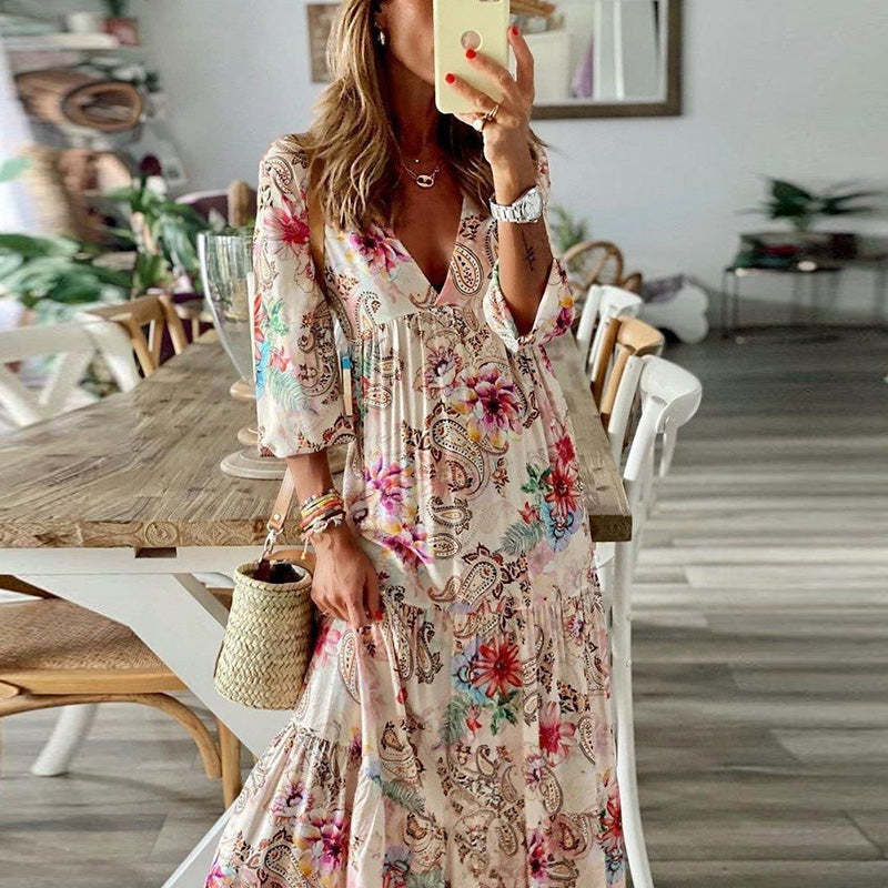 Boho Style Summer Dress Long Sleeve V-neck Paisley Floral Print